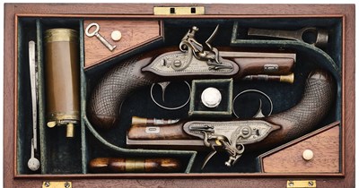 Lot 371 - A CASED PAIR OF 35 BORE FLINTLOCK TRAVELLING OR OVERCOAT PISTOLS BY H.W. MORTIMER & SON, LONDON