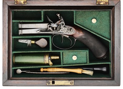 Lot 369 - A RARE CASED 80 BORE FLINTLOCK OVER-AND-UNDER TRAVELLING PISTOL BY J. BLANCH, LONDON, CIRCA 1830