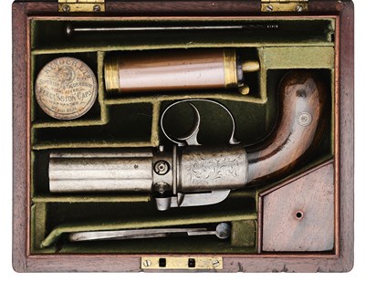 Lot 394 - A CASED PERCUSSION SIX-SHOT PEPPERBOX REVOLVER OF SMALL BORE BY WILKINSON & SON