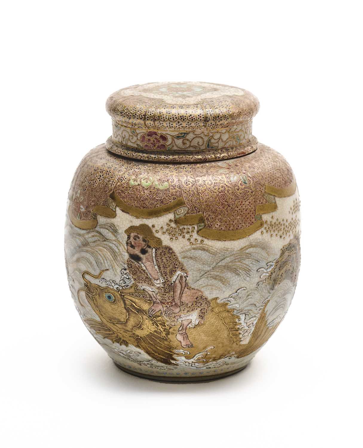 Lot 73 - A JAPANESE SATSUMA JAR AND COVER, MEIJI PERIOD (1868-1912)