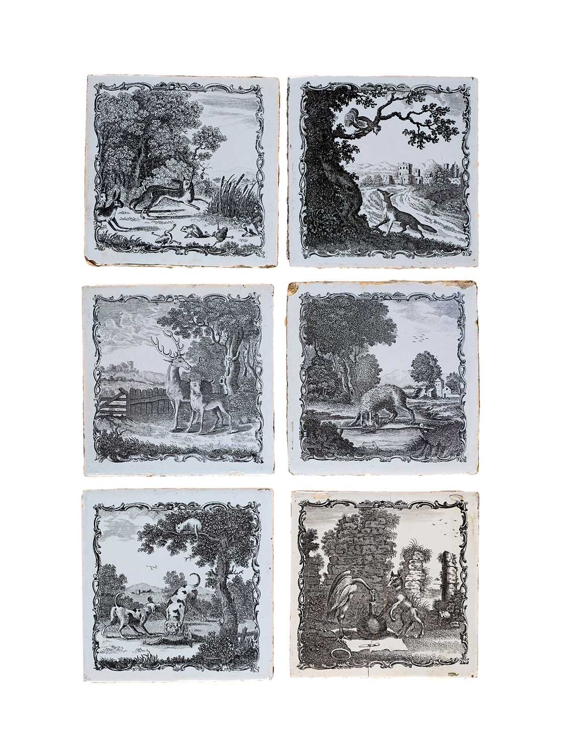 Lot 32 - A SET OF SIX LIVERPOOL (SADLER & GREEN) DELFTWARE FABLE TILES, CIRCA 1770