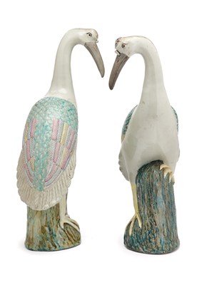 Lot 112 - A PAIR OF CHINESE EXPORT FAMILLE-ROSE FIGURES OF CRANES