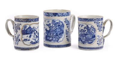 Lot 124 - THREE CHINESE EXPORT BLUE AND WHITE TANKARDS, QIANLONG PERIOD (1736-95)