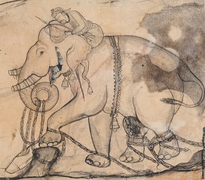 Lot 340 - A DRAWING OF A CHAINED ELEPHANT, RAJASTHAN, POSSIBLY KOTA, 18TH CENTURY