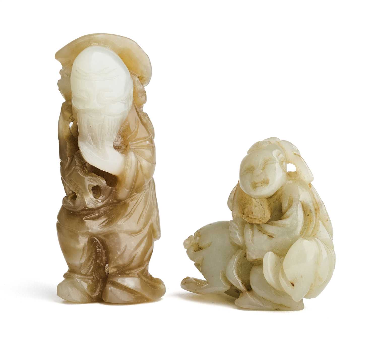 Lot 82 - TWO CHINESE FIGURAL CELADON JADE CARVINGS, QING DYNASTY, 19TH CENTURY
