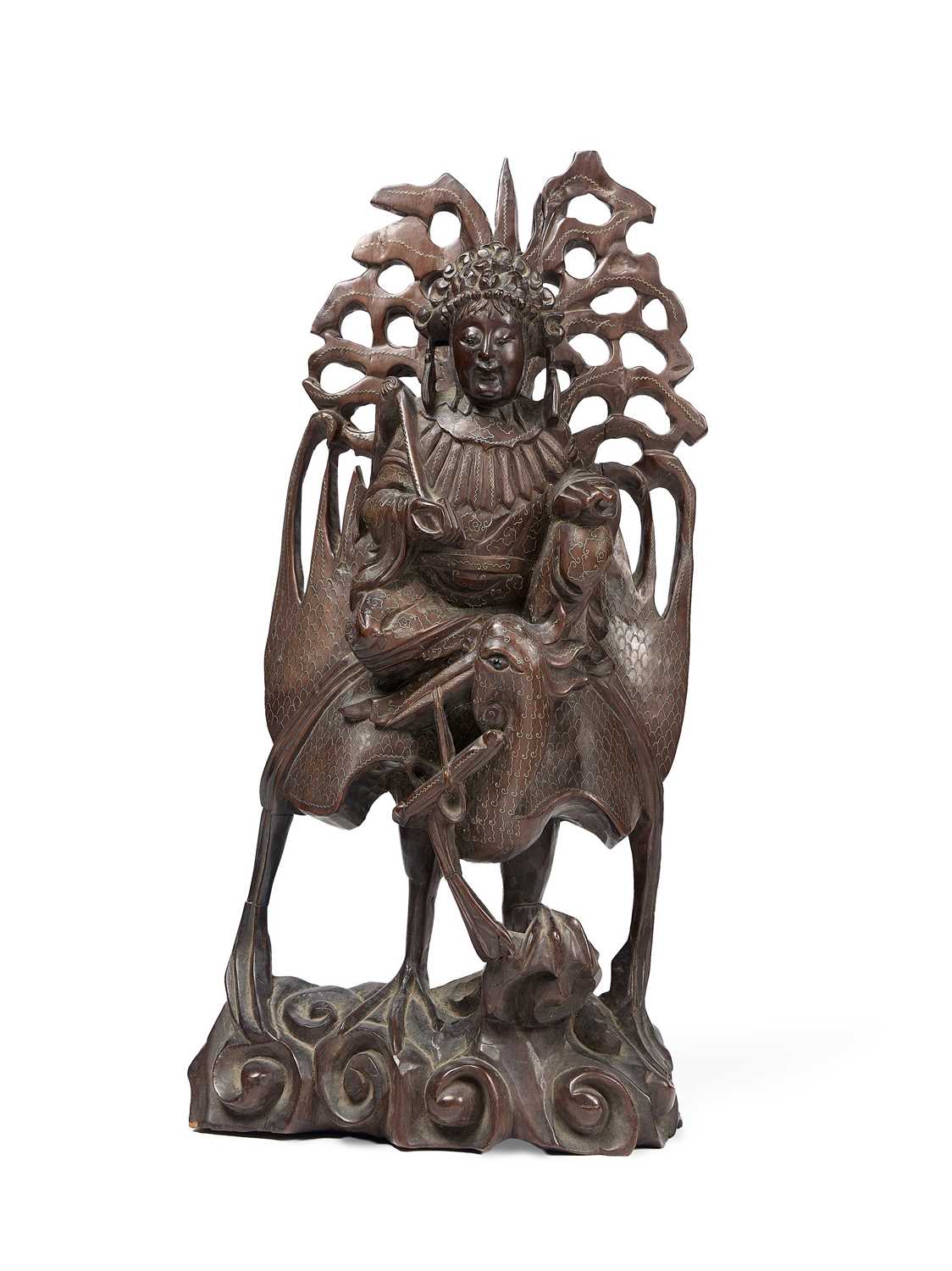 Lot 28 - A CHINESE SILVER-WIRE INLAID WOOD FIGURE OF THE QUEEN MOTHER OF THE WEST, QING DYNASTY, 19TH CENTURY