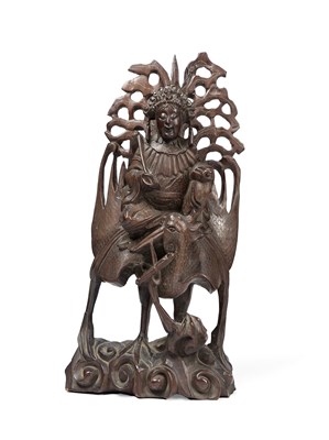 Lot 28 - A CHINESE SILVER-WIRE INLAID WOOD FIGURE OF THE QUEEN MOTHER OF THE WEST, QING DYNASTY, 19TH CENTURY