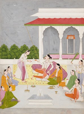 Lot 38 - A NOBLEWOMAN WITH ATTENDANTS ON A TERRACE, MURSHIDABAD. CIRCA 1760-70
