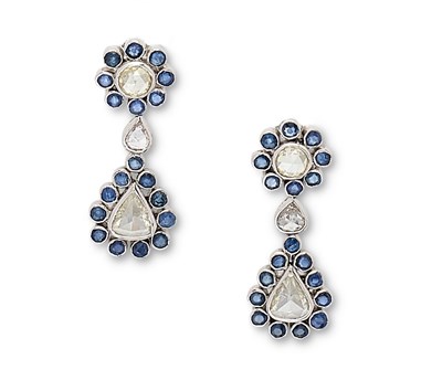 Lot 412 - PAIR OF SAPPHIRE AND DIAMOND PENDENT EARRINGS