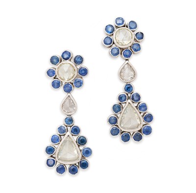 Lot 113 - PAIR OF SAPPHIRE AND DIAMOND PENDENT EARRINGS