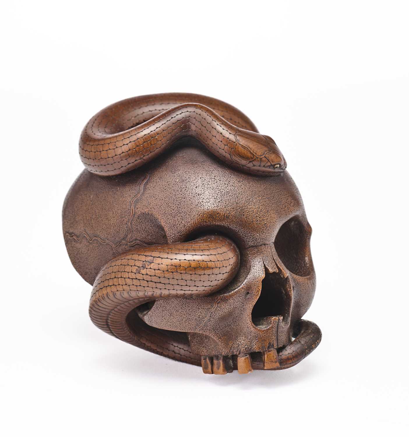 Lot 142 - A JAPANESE WOOD OKIMONO OF A SNAKE AND SKULL, SIGNED DAI NIHON SENTEI SUKEYUKI, MEIJI PERIOD