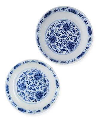 Lot 9 - TWO CHINESE BLUE AND WHITE 'LOTUS' DISHES, GUANGXU MARK AND PERIOD (1875-1908)