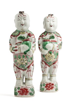 Lot 113 - A PAIR OF CHINESE POLYCHROME ENAMELLED FIGURES OF BOYS, QING DYNASTY, 19TH CENTURY