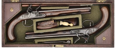 Lot 329 - A CASED PAIR OF 32 BORE FLINTLOCK DUELLING PISTOLS BY WOGDON, LONDON, CIRCA 1780