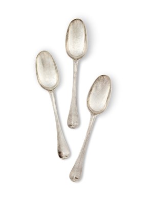 Lot 211 - A SET OF THREE GEORGE I SILVER TABLESPOONS, HENRY MILLER, LONDON, 1718