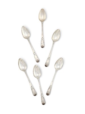 Lot 214 - A SET OF SIX GEORGE III SILVER TEASPOONS, JOHN LANGLANDS, NEWCASTLE, 1793-1804