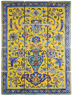 Lot 112 - A PANEL OF TWELVE QAJAR CUERDA SECA TILES, PERSIA, 19TH CENTURY