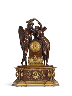 Lot 121 - A LARGE FRENCH PARCEL-GILT AND PATINATED BRONZE FIGURAL CLOCK, 'THE CORONATION OF LOVE', PARIS, CIRCA 1840