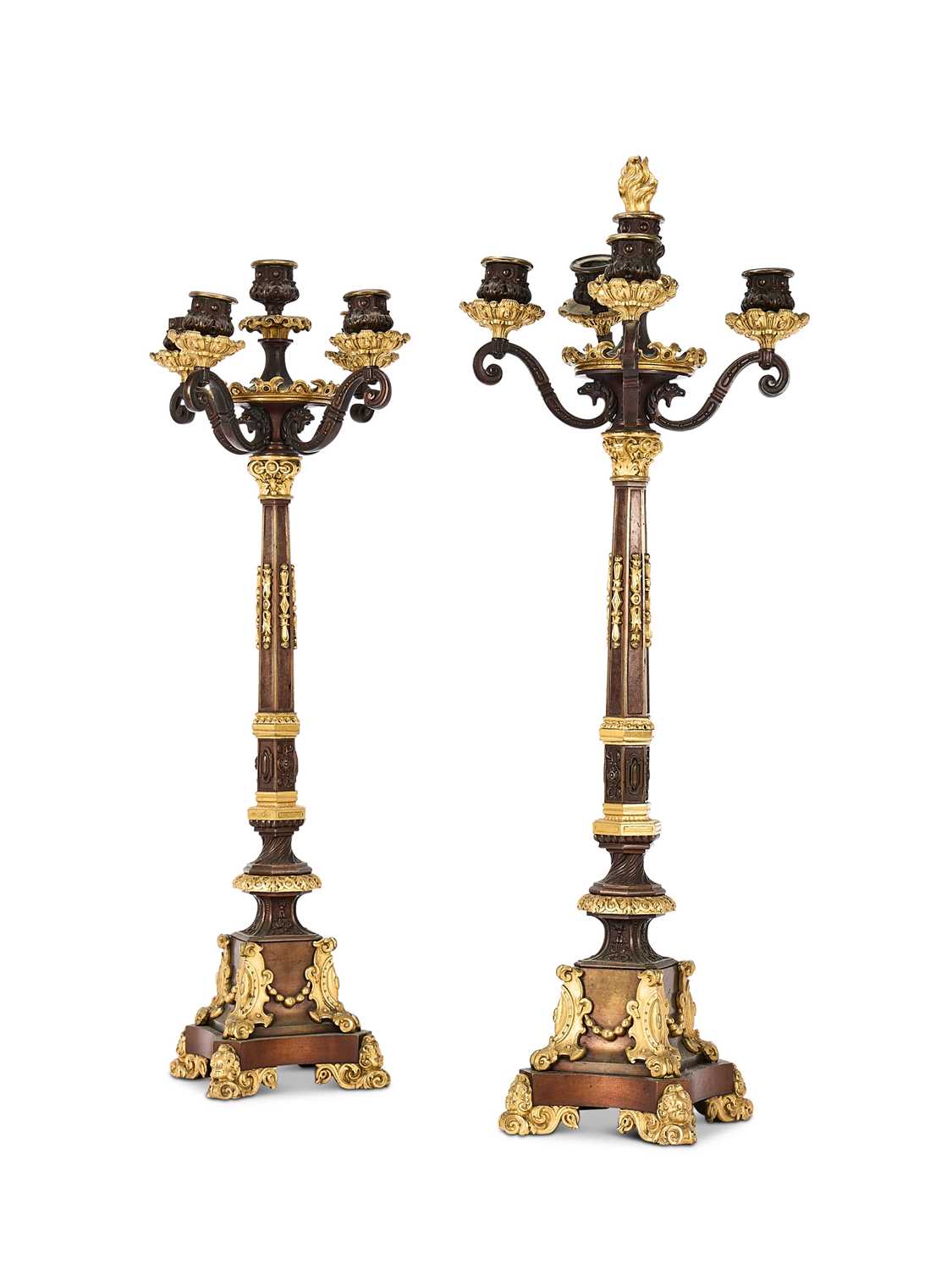 Lot 36 - A PAIR OF PARCEL-GILT PATINATED BRONZE FIVE-LIGHT CANDELABRA, FRENCH, LATER 19TH CENTURY