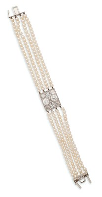 Lot 42 - PICKSLAY & CO: BELLE EPOQUE SEED PEARL AND DIAMOND BRACELET, 1900s