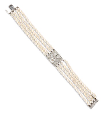 Lot 42 - PICKSLAY & CO: BELLE EPOQUE SEED PEARL AND DIAMOND BRACELET, 1900s