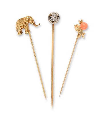 Lot 336 - THREE GEM-SET AND DIAMOND STICK PINS, 1920s AND LATER