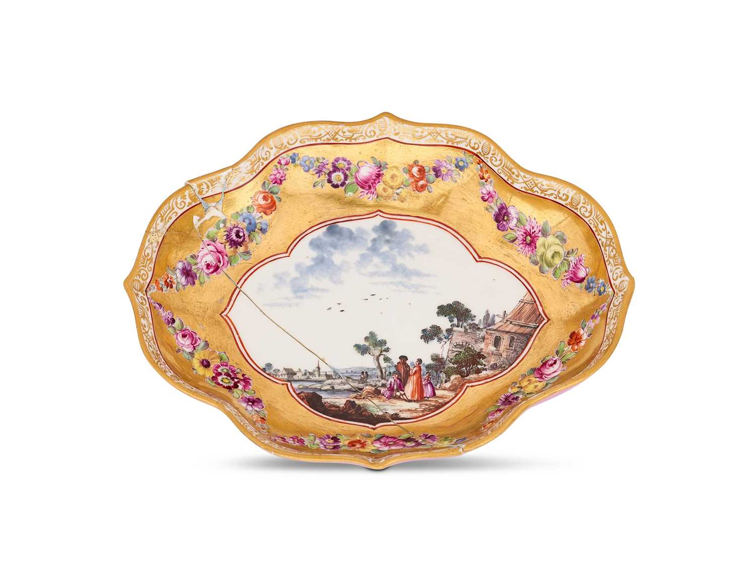 Lot 4 - A MEISSEN PORCELAIN PURPLE AND GOLD GROUND SHAPED LOBED DISH, THE PORCELAIN 18TH CENTURY