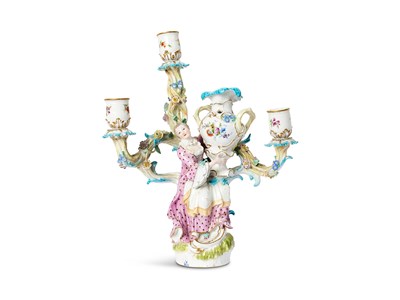 Lot 28 - A MEISSEN PORCELAIN THREE-LIGHT FIGURAL CANDELABRA, CIRCA 1765