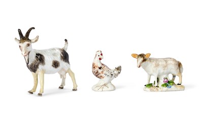 Lot 10 - THREE MEISSEN PORCELAIN FIGURES: A BILLY GOAT, A SHEEP AND A HEN, 18TH CENTURY