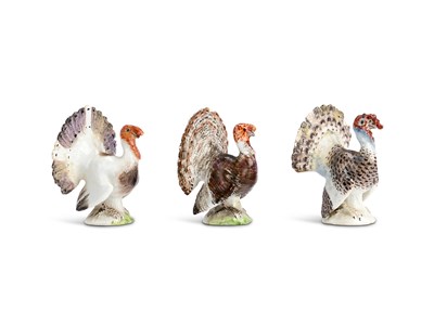 Lot 11 - THREE MEISSEN PORCELAIN MINIATURE FIGURES OF TURKEYS, MID 18TH CENTURY