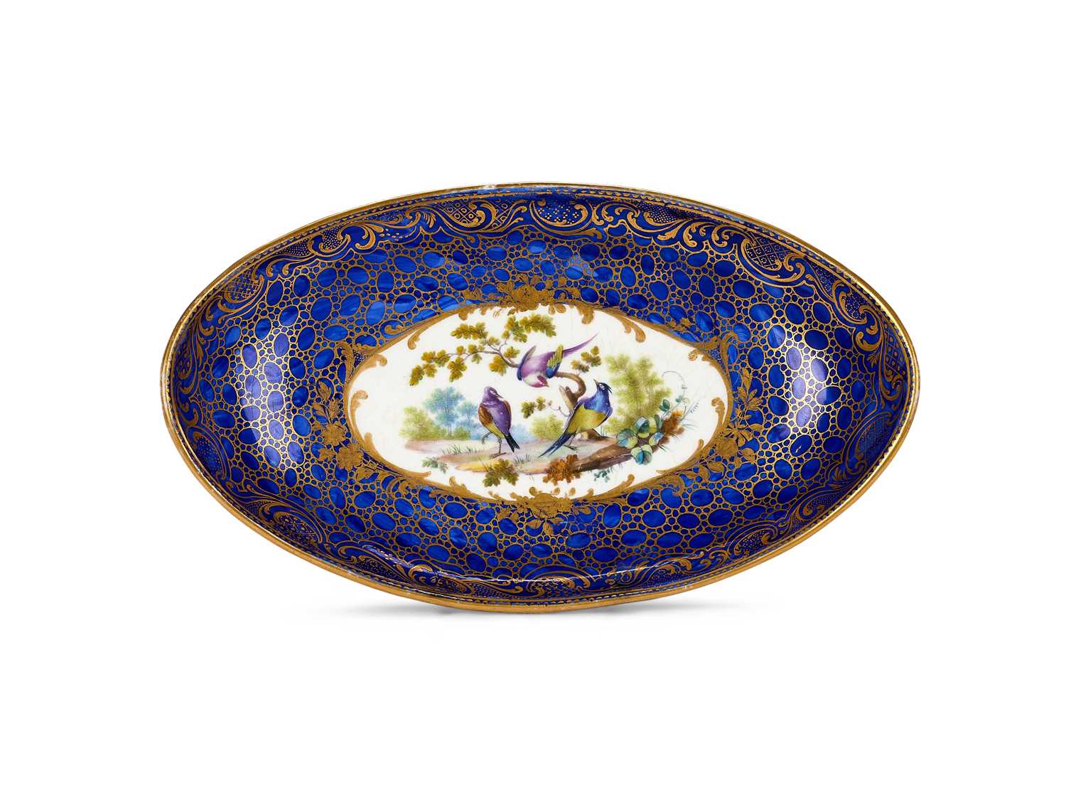 Lot 17 - A SEVRES-STYLE BLUE-GROUND OVAL DISH, LATE 19TH CENTURY