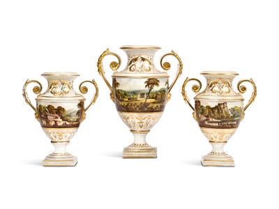 Lot 31 - A BLOOR DERBY TOPOGRAPHICAL THREE-PIECE GARNITURE, SECOND QUARTER 19TH CENTURY