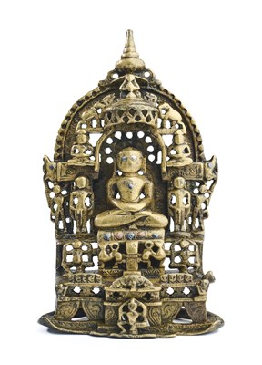 Lot 136 - A SMALL JAIN BRASS SHRINE, GUJARAT, WESTERN INDIA, CIRCA 14TH CENTURY