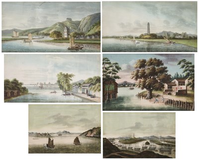 Lot 107 - CHINESE SCHOOL, FIVE TOPOGRAPHICAL PITH PAPER PAINTINGS, QING DYNASTY, 19TH CENTURY