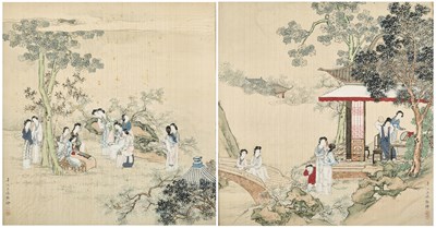 Lot 101 - CHINESE SCHOOL, A PAIR OF PAINTINGS, 'LADIES IN A GARDEN', QING DYNASTY, 19TH CENTURY