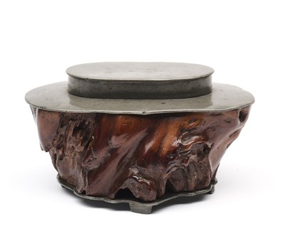 Lot 93 - A CHNESE PAKTONG AND ROOTWOOD TEA CADDY, QING DYNASTY, 18TH CENTURY