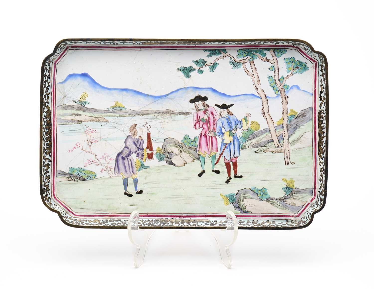 Lot 110 - A CHINESE CANTON ENAMEL 'EUROPEAN SUBJECT' TRAY, QIANLONG PERIOD (1736-95)
