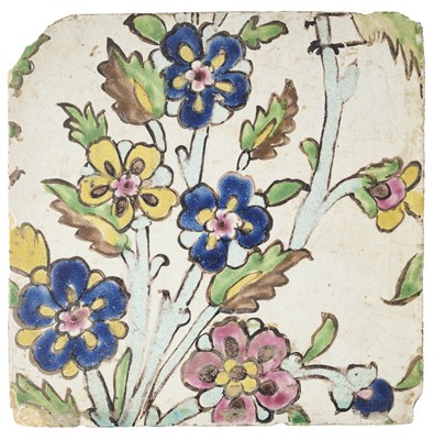 Lot 123 - A QAJAR CUERDA SECA TILE, SHIRAZ, SECOND HALF 19TH CENTURY