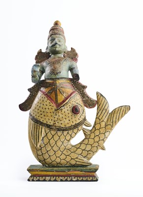 Lot 175 - A POLYCHROME-PAINTED WOOD FIGURE OF MATSYA, THE FISH AVATAR, SOUTH INDIA, LATE 19TH CENTURY