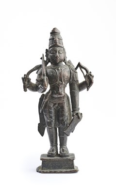 Lot 137 - A BRONZE FIGURE OF VIRABHADRA, TAMIL NADU, SOUTH INDIA, CIRCA 18TH CENTURY