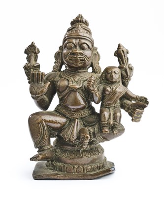 Lot 139 - A BRONZE FIGURE OF NARASIMHA, THE LION AVATAR, SOUTH INDIA, 19TH CENTURY
