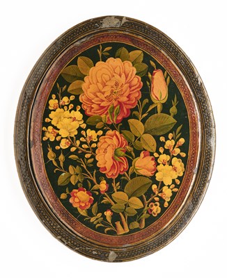 Lot 25 - AN OVAL LACQUERED PAPIER-MACHE MIRROR CASE, PERSIA, 19TH CENTURY