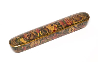 Lot 23 - A LACQUERED PAPIER-MACHE PENCASE, PERSIA, SIGNED 'ABBAS SHIRAZI', DATED 1901-2