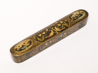 Lot 28 - A QAJAR LACQUERED PAPIER MACHE PENCASE, PERSIA, 19TH CENTURY