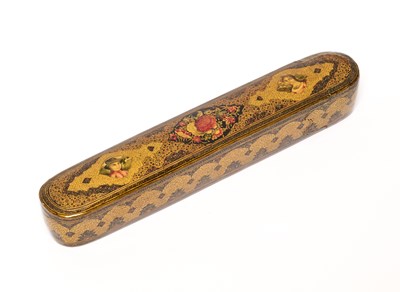 Lot 21 - A QAJAR LACQUERED PAPIER MACHE PENCASE, PERSIA, 19TH CENTURY