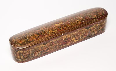 Lot 22 - AN UNUSUALLY LARGE QAJAR LACQUERED PAPIER MACHE PENCASE, PERSIA, 19TH CENTURY