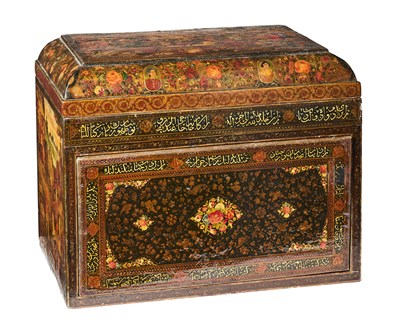 Lot 27 - A LARGE LACQUERED PAPIER-MACHE SCRIBES BOX, PERSIA, 19TH CENTURY