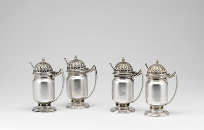 Lot 114 - A PAIR OF SILVER MUSTARD POTS AND SPOONS