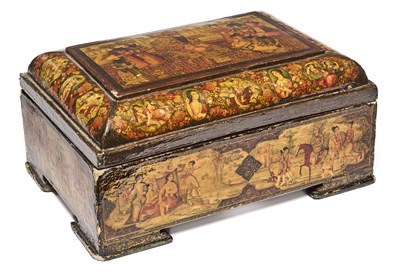 Lot 33 - A LACQUERED PAPIER-MACHE HINGED BOX, PERSIA, 19TH CENTURY