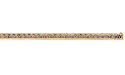 Lot 343 - THREE COLOUR GOLD STRAP BRACELET, 1979